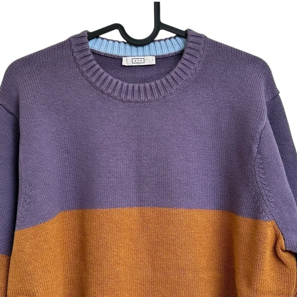 AYR Men's Colorblock Crewneck Sweater Blue Brown Cotton Pullover Size L NWOT